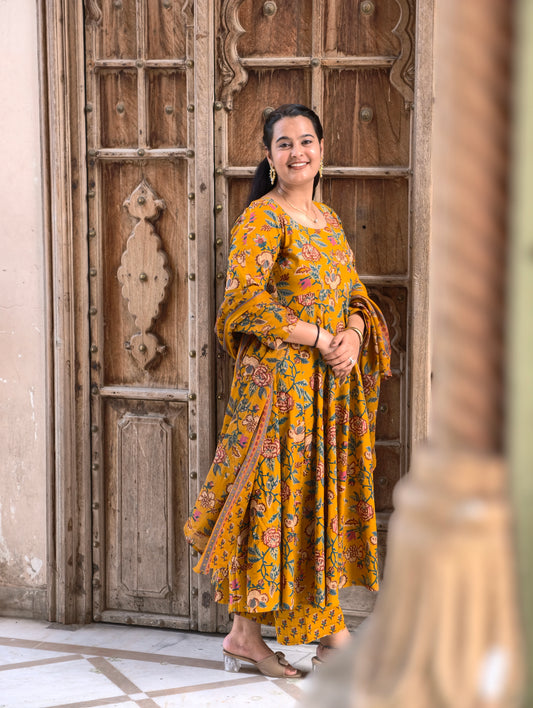 Phoolwari Floral Print Cotton Anarkali Suit Set