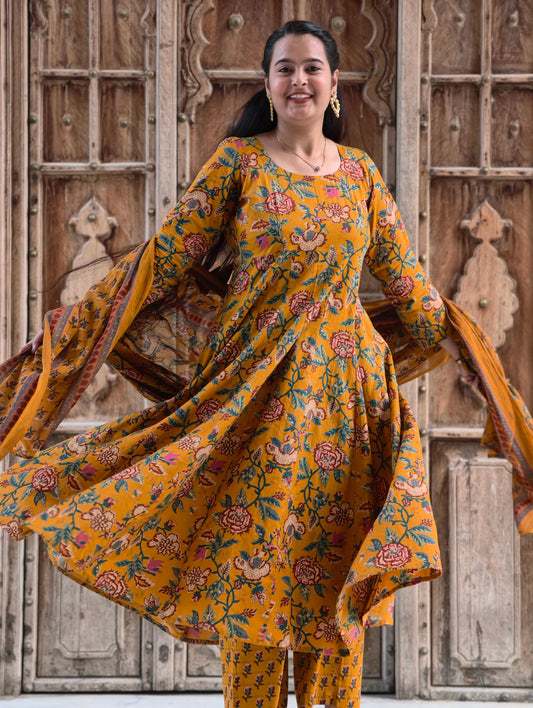 Phoolwari  Floral Print Cotton Anarkali Suit Set